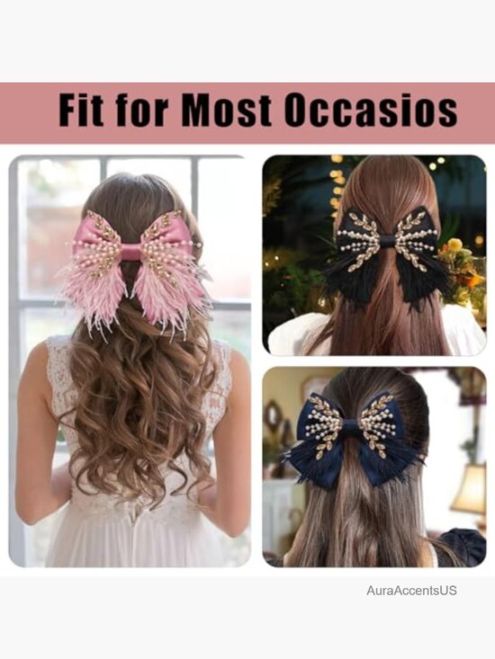 Large Silk Satin Hair Bows Clips with Pearl Crystal Feather for Women main image 7